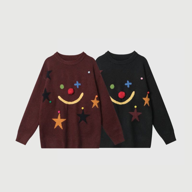 Stars And Smiley Faces Embossed Sweater