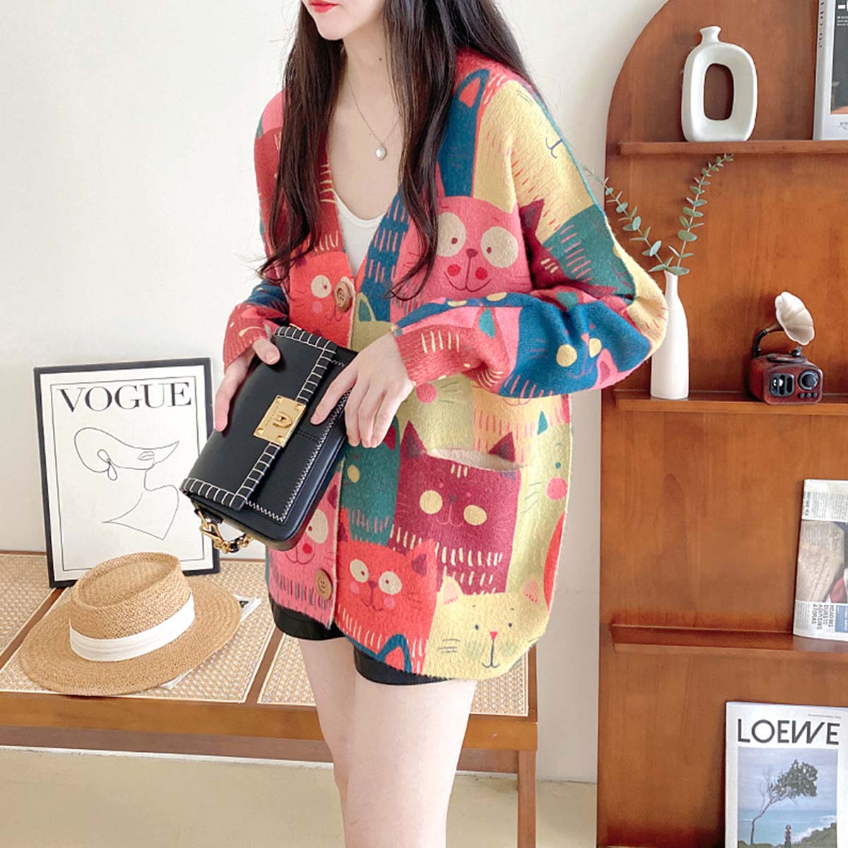 Retro Cartoon Cat Cardigan