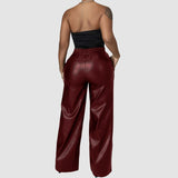 Solid Color Wide Leg PU Leather Pants