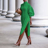 High Collar Slit knit Midi Dresses