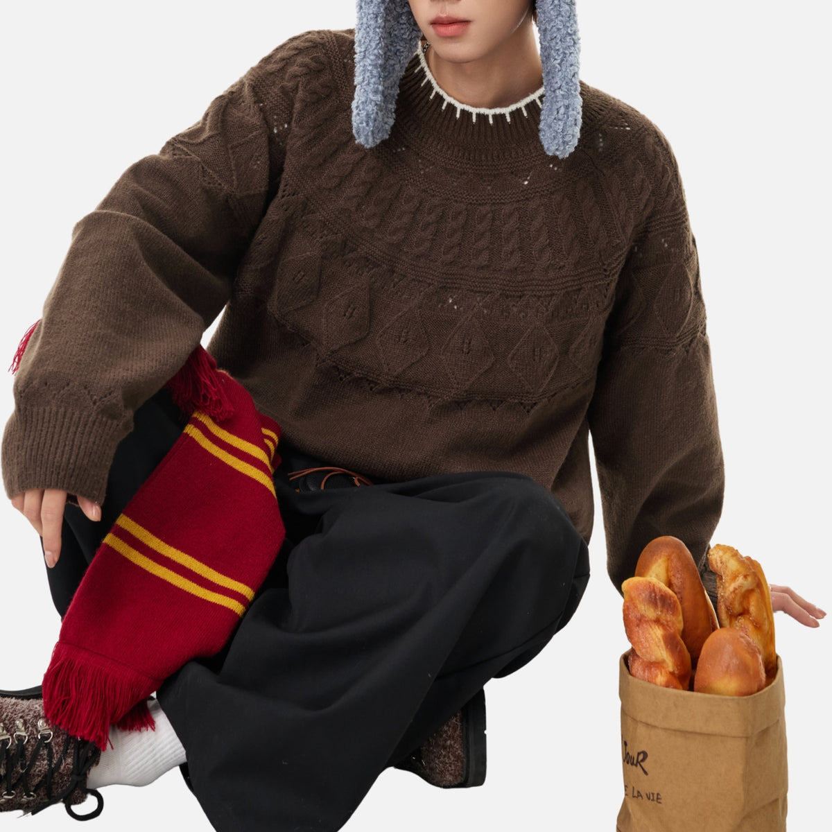 Japanese Vintage Contrast-Collar Cable Knit Sweater