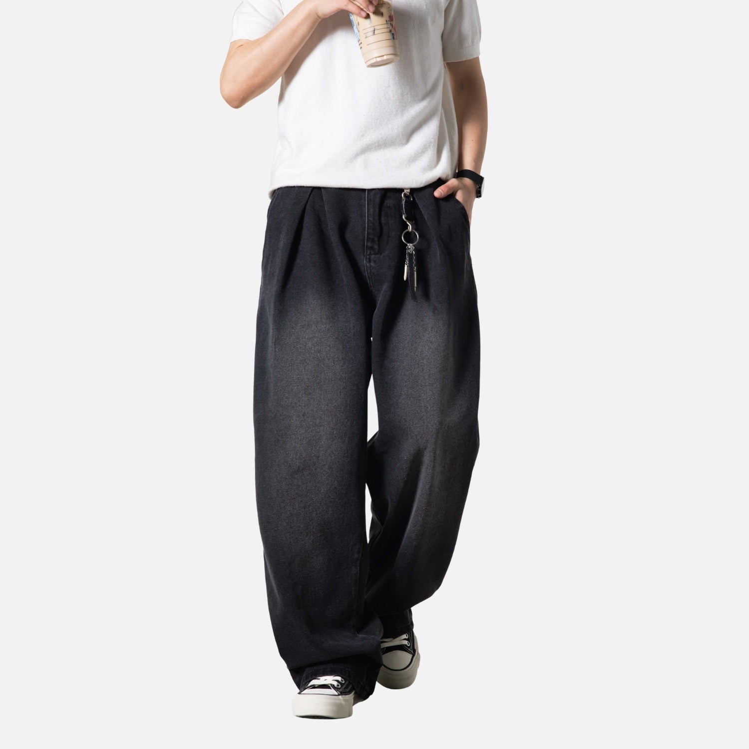 Split-Pleated Washed Vintage Jeans
