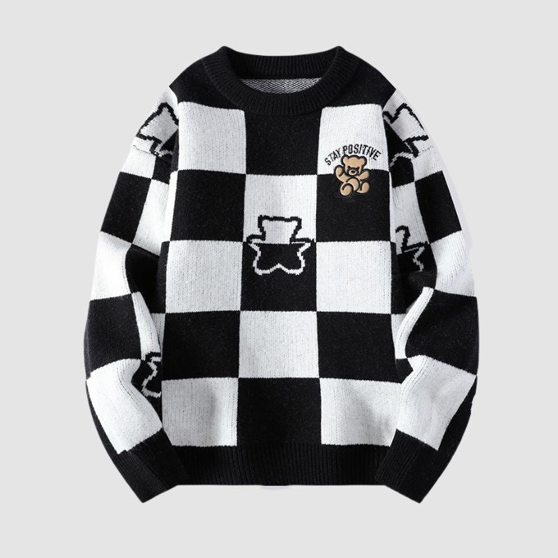 Bear Embroidered Plaid Pullover