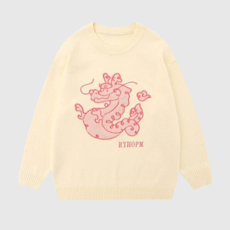 Cartoon Dragon Embroidered Knit Sweater
