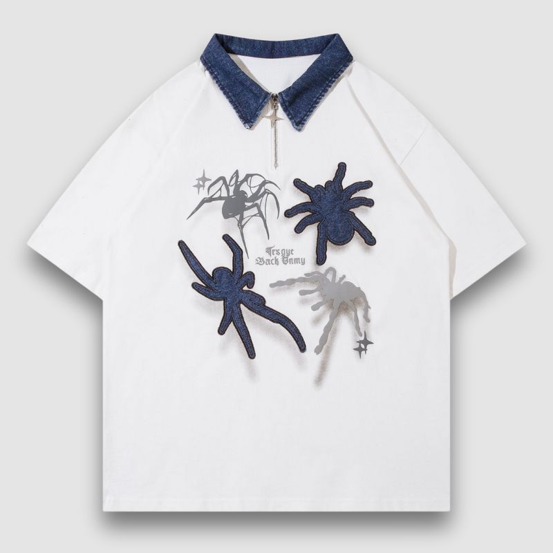 Spider Denim Patch Embroidered Lapel Tee