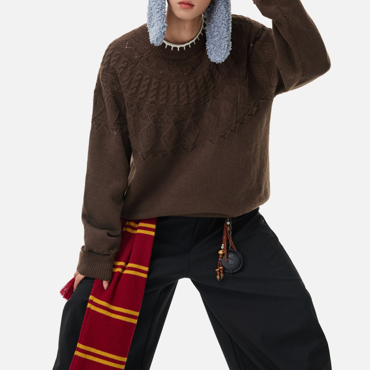 Japanese Vintage Contrast-Collar Cable Knit Sweater