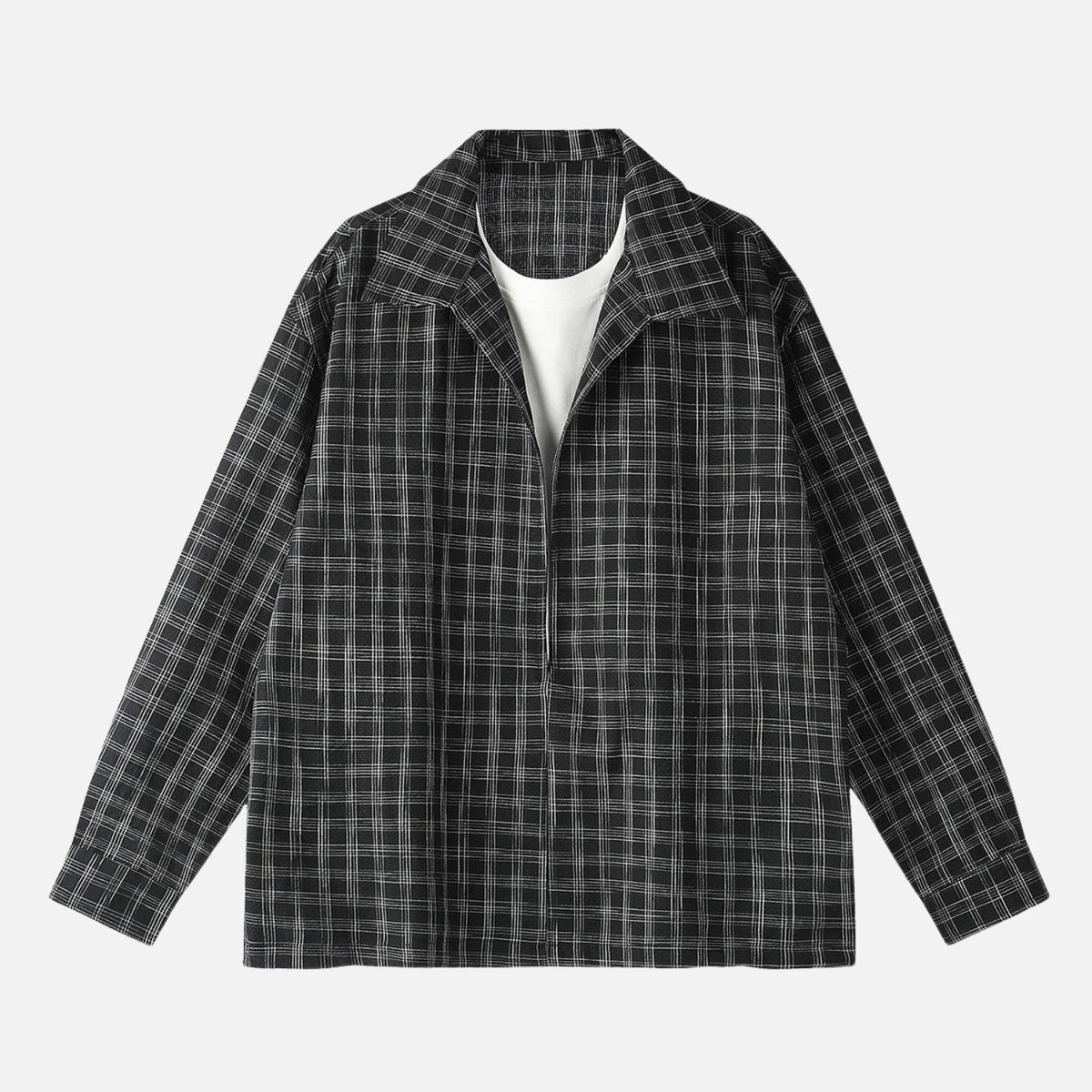 Faux-Layered Seersucker Check Pullover Shirt