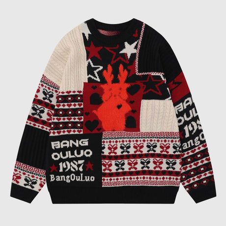 Reindeer Patchwork Christmas Sweater