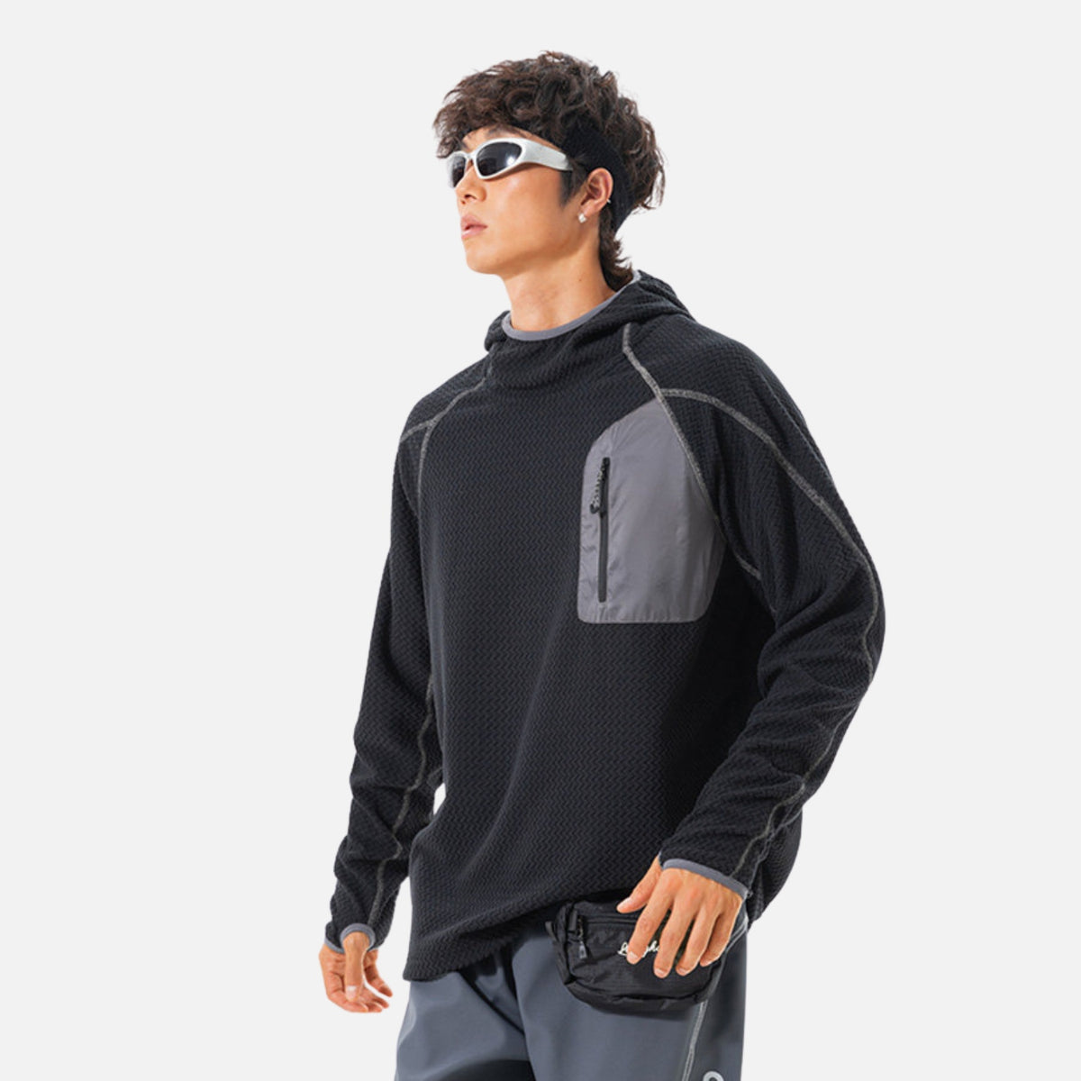 Wave-Textured Fleece Hooded Sweatshirt