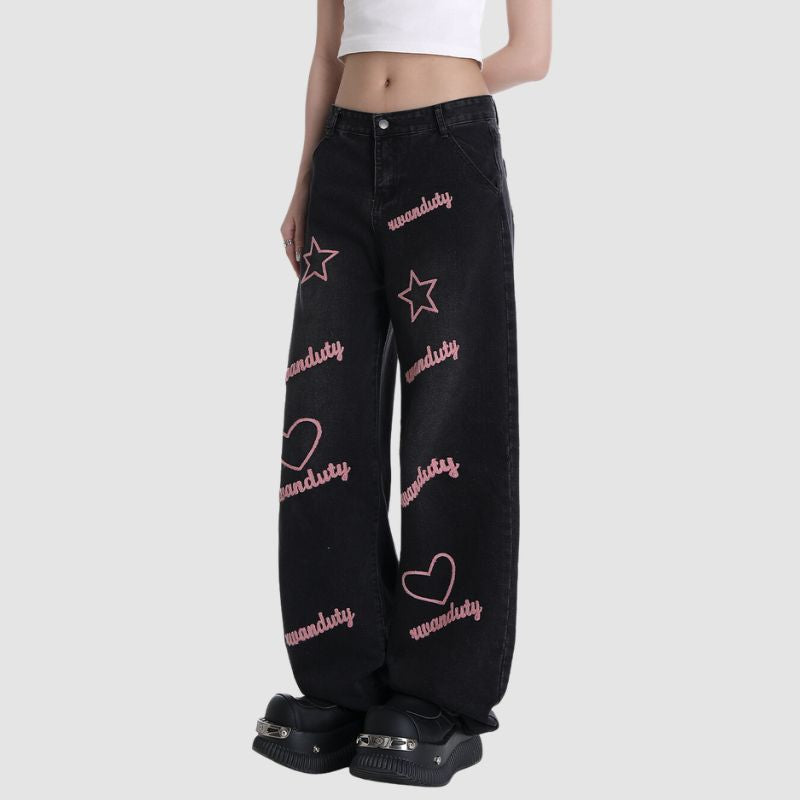 Letter and Star Embroidered Design Jeans
