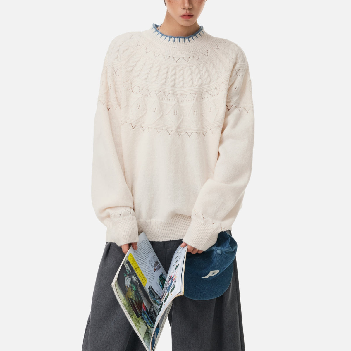 Japanese Vintage Contrast-Collar Cable Knit Sweater