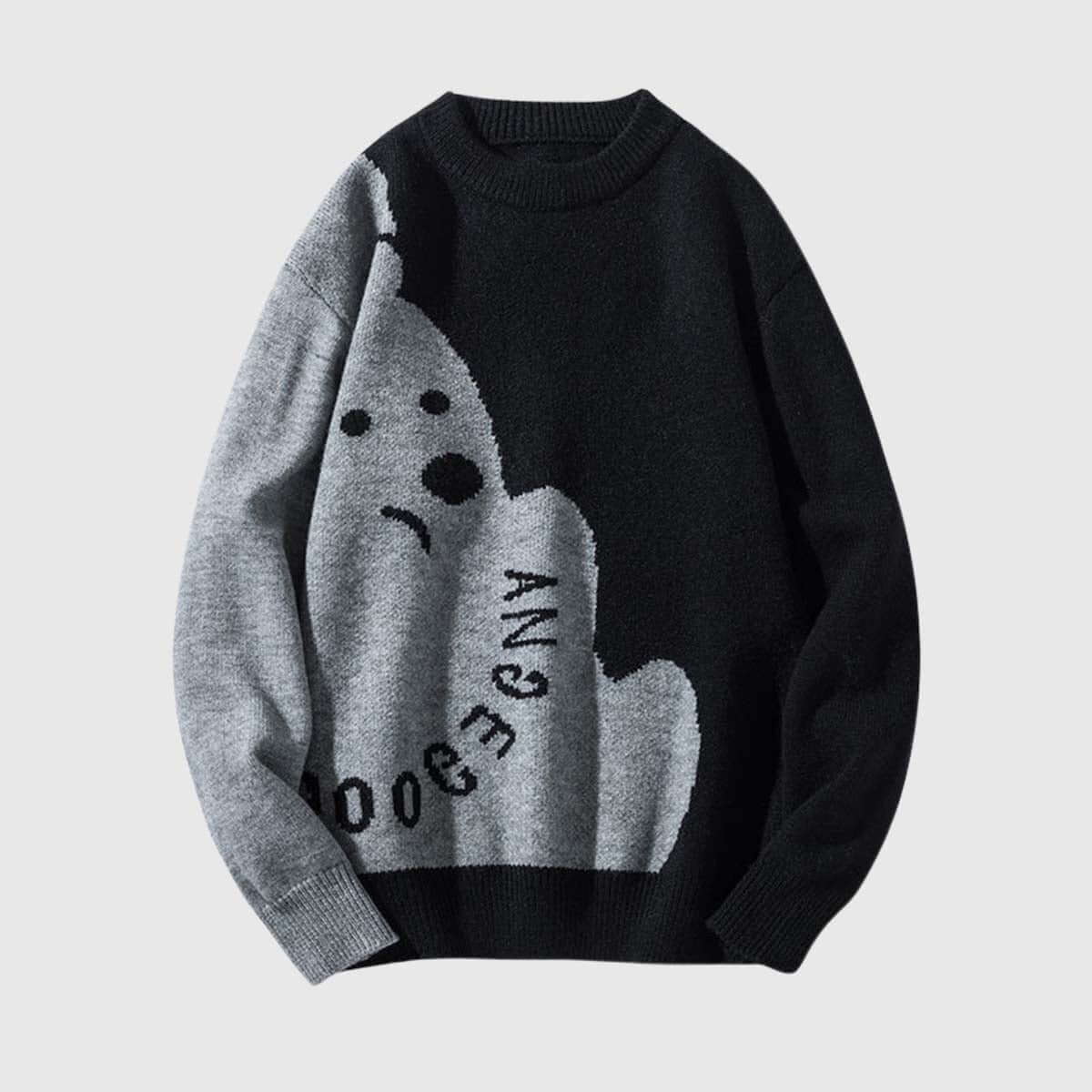 Zweifarbiger Strickpullover mit Hundegrafik