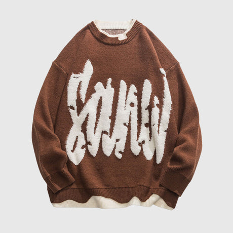 Letter Pattern Embroidered Patchwork Knit Pullover