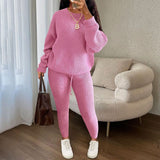 Solid Color Knit Pullover & Pants Set