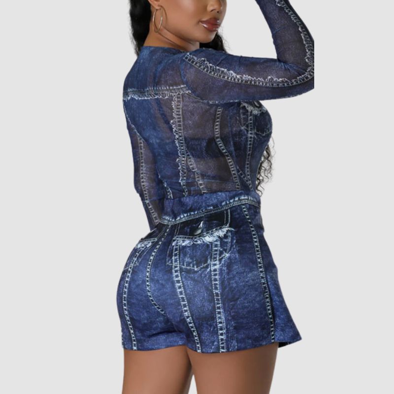 Denim Printed Mesh Bodysuit & Mini skirt Set