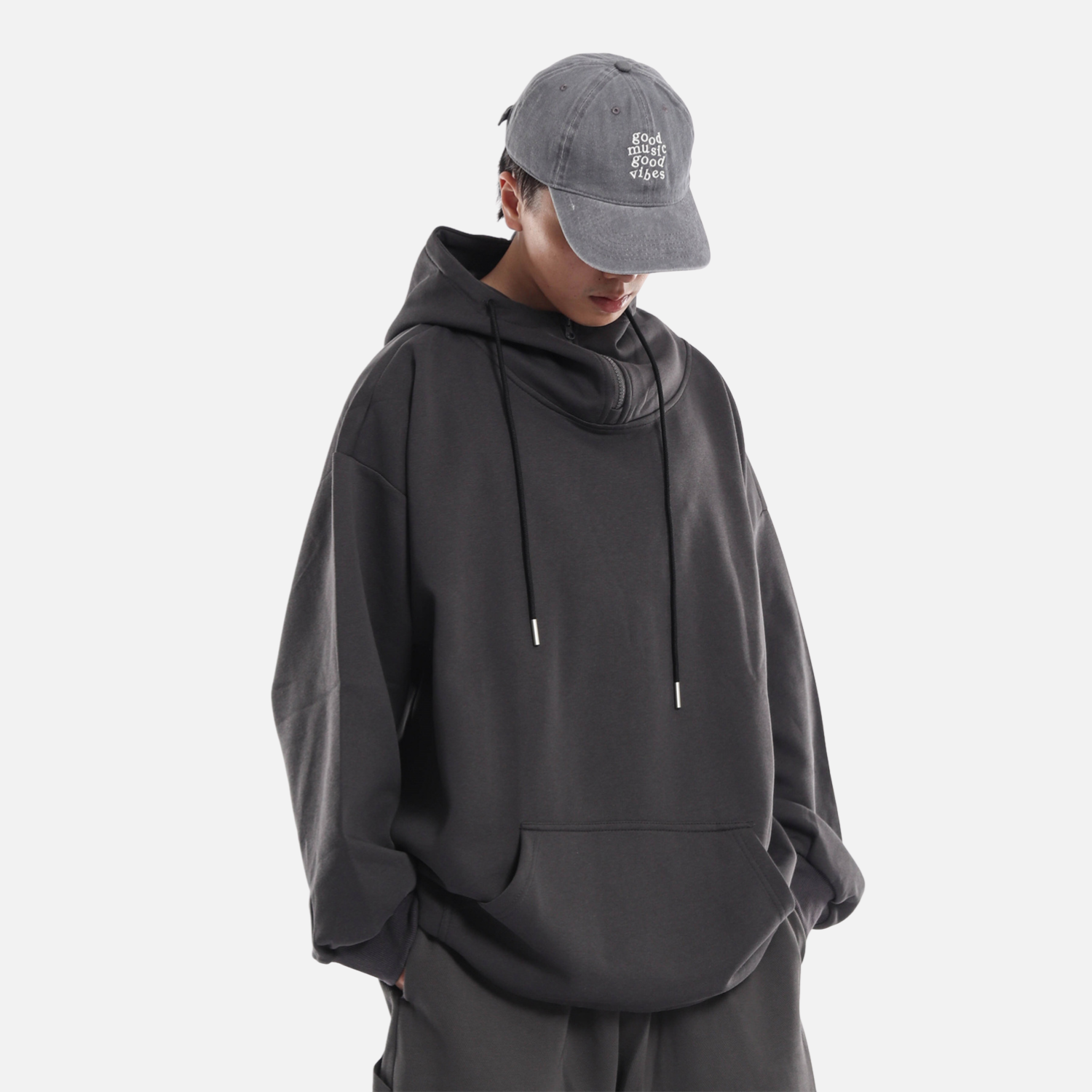 Solid Half-Zip Drawstring Hoodie