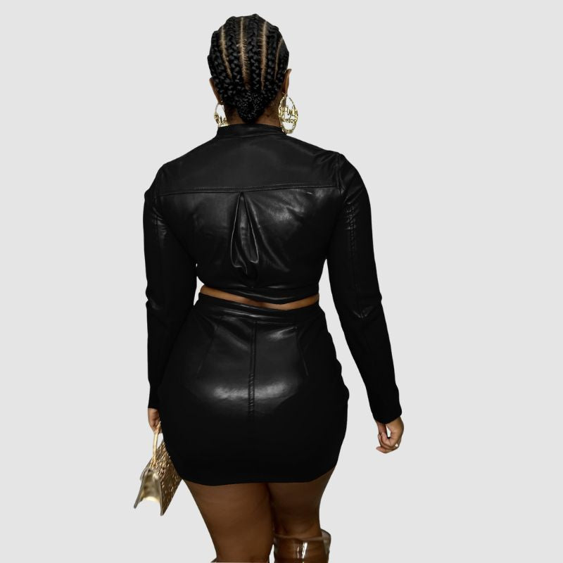 PU Leather Zipper Skirt Set