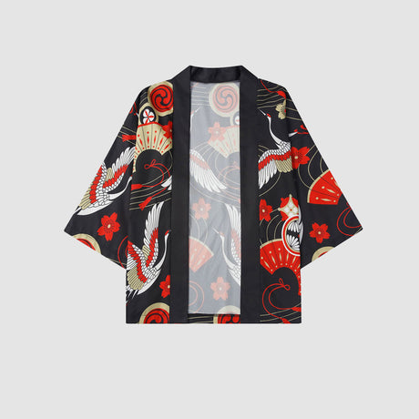 Two Piece Crane Print Kimono + Shorts