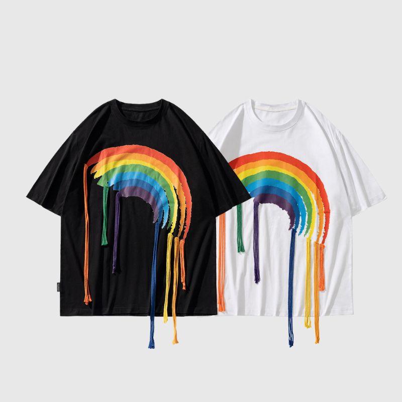 Rainbow Printed Tassel Decor Tee