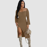 Solid Color Slit Bodycon Ribbed Knit Dresses