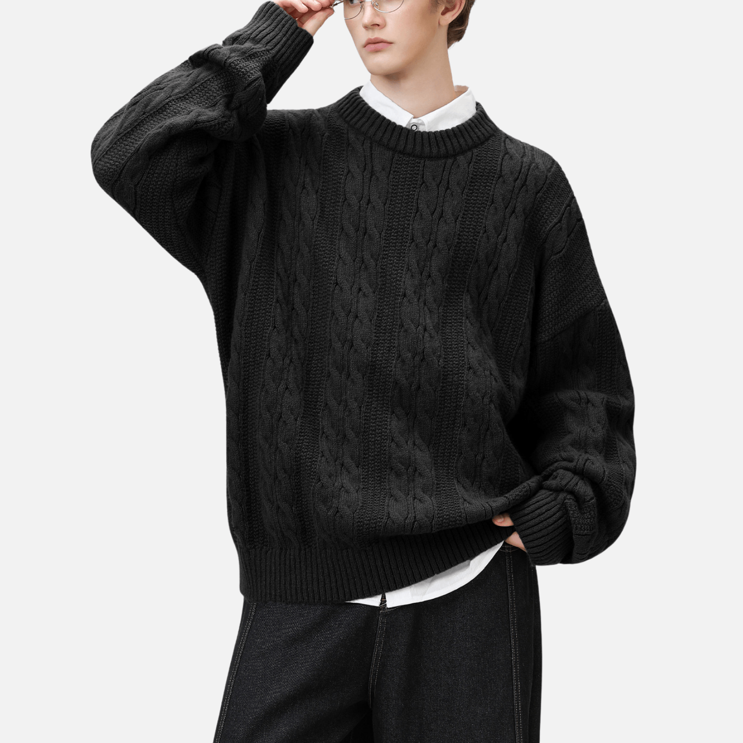 Suéter de cuello redondo de punto trenzado