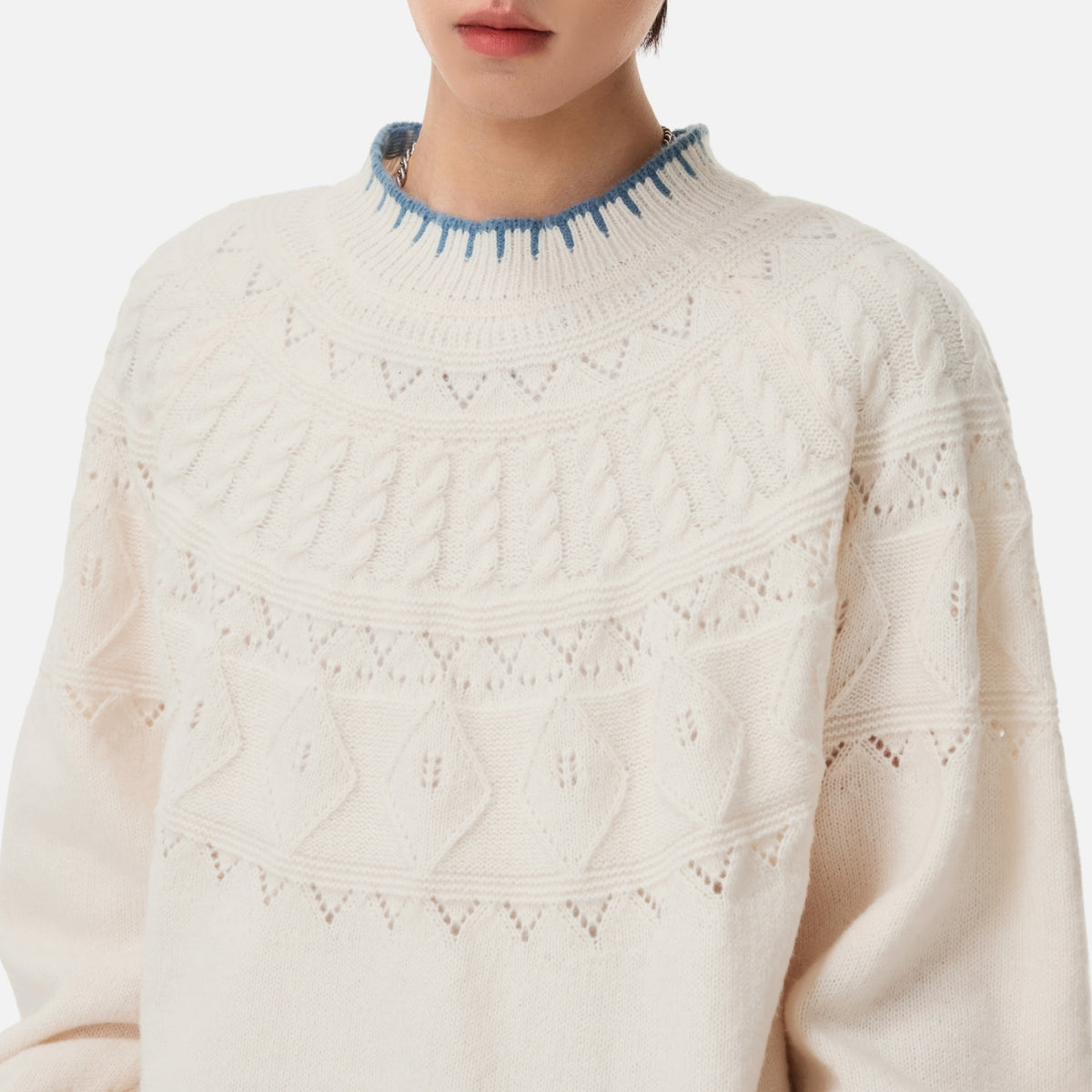 Japanese Vintage Contrast-Collar Cable Knit Sweater