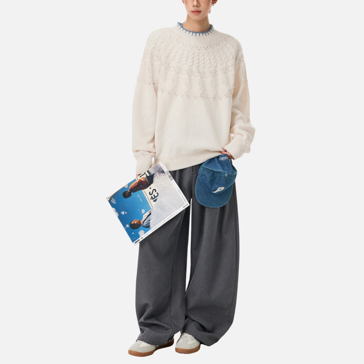 Japanese Vintage Contrast-Collar Cable Knit Sweater