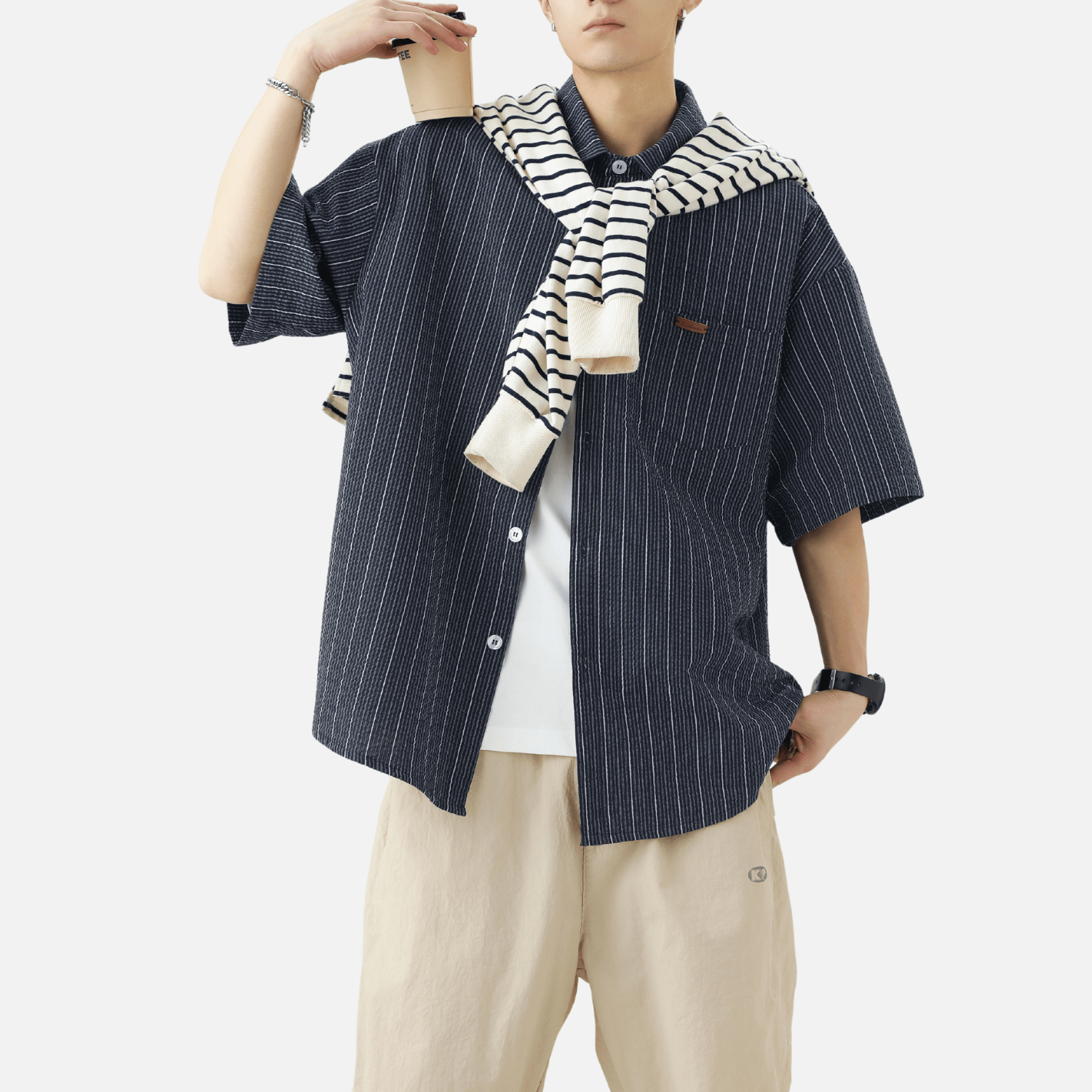 Textured Stripe Short-Sleeve Shirt