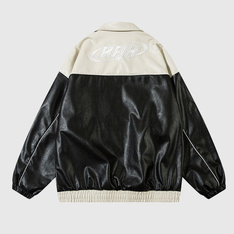 Retro Patchwork Letter Embroidery Leather Jacket