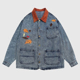 Foliage Embroidered Multi-Pocket Denim Jacket