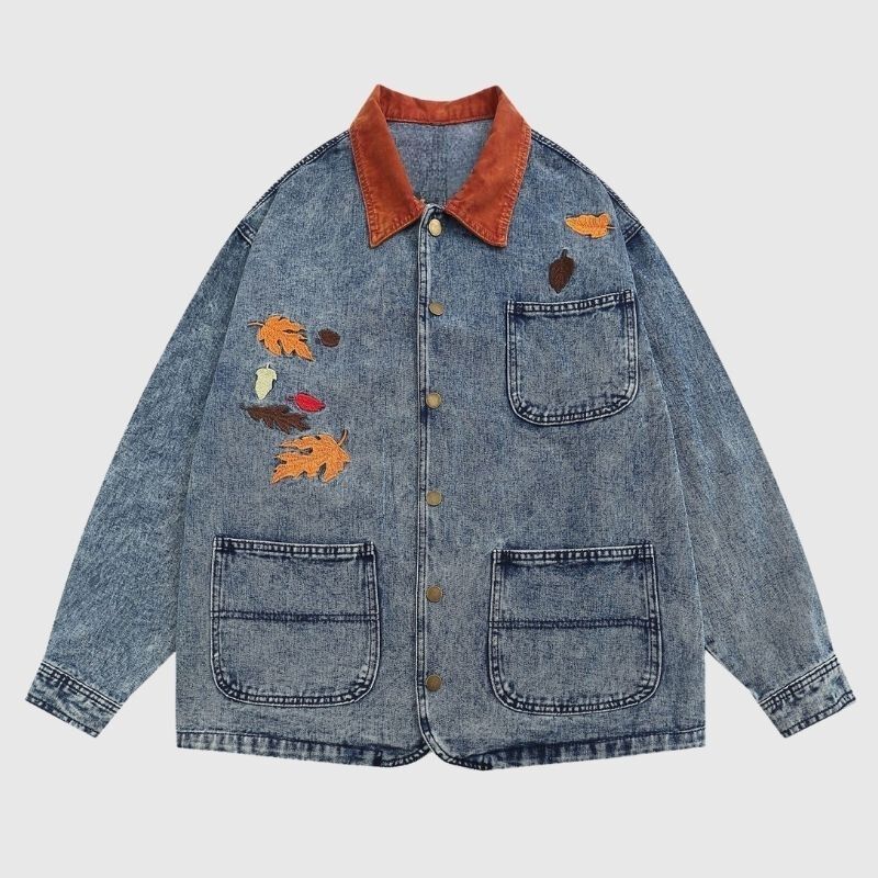 Foliage Embroidered Multi-Pocket Denim Jacket | OLUOLIN