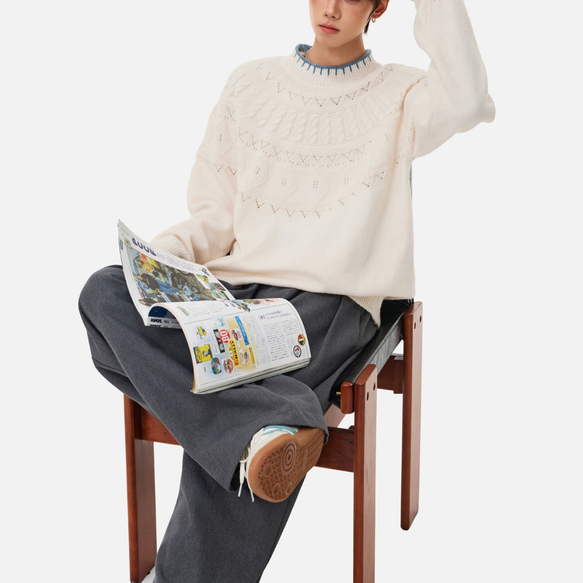 Japanese Vintage Contrast-Collar Cable Knit Sweater