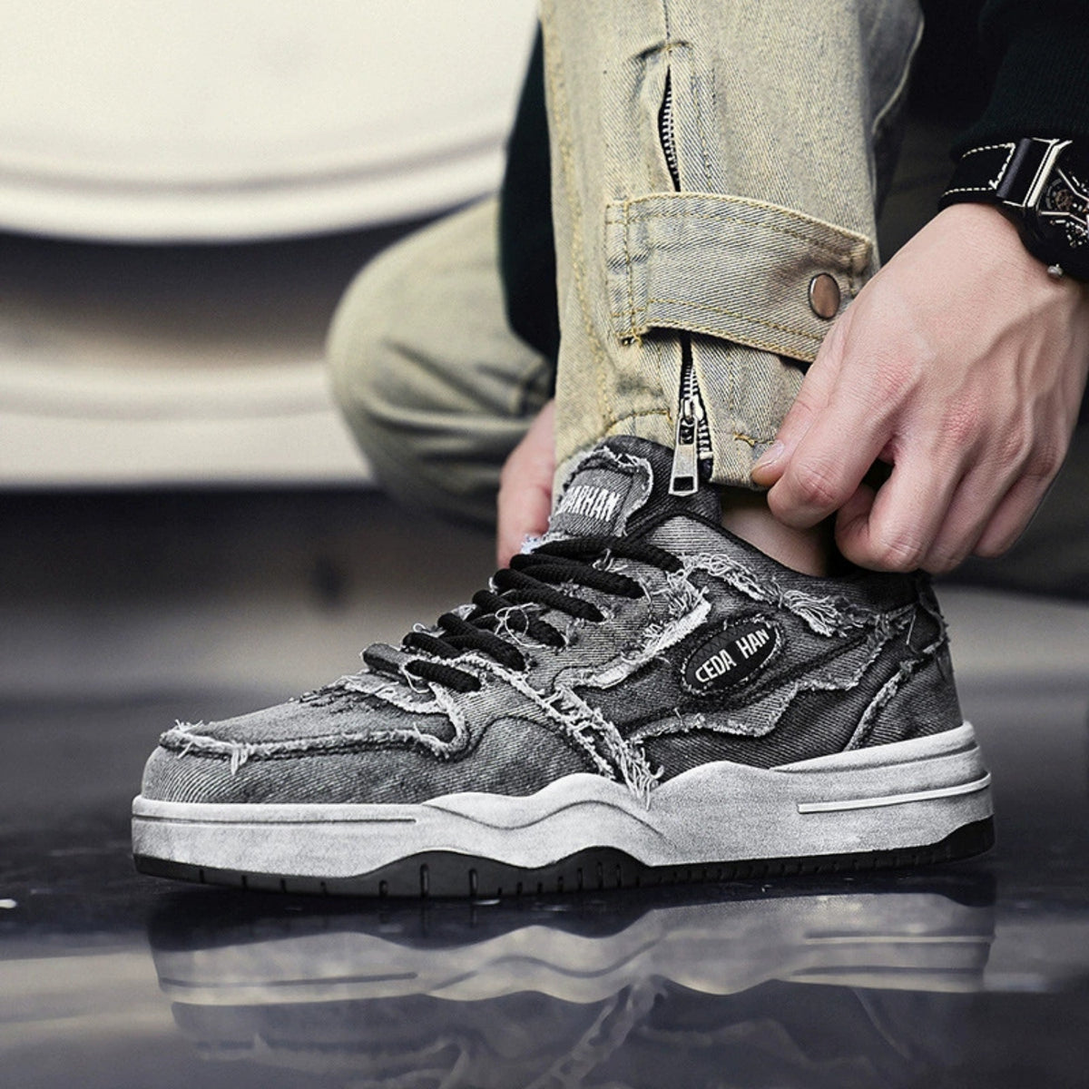 Vintage Washed Denim Skate Sneakers