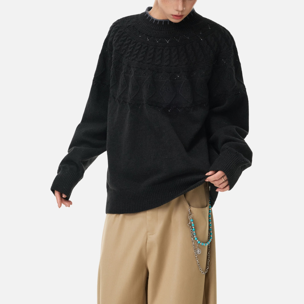 Japanese Vintage Contrast-Collar Cable Knit Sweater