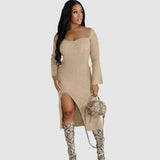 Solid Color Slit Bodycon Ribbed Knit Dresses