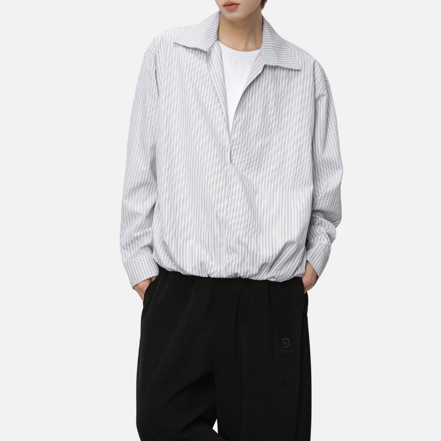 Deep V Faux-Layered Stripe Shirt