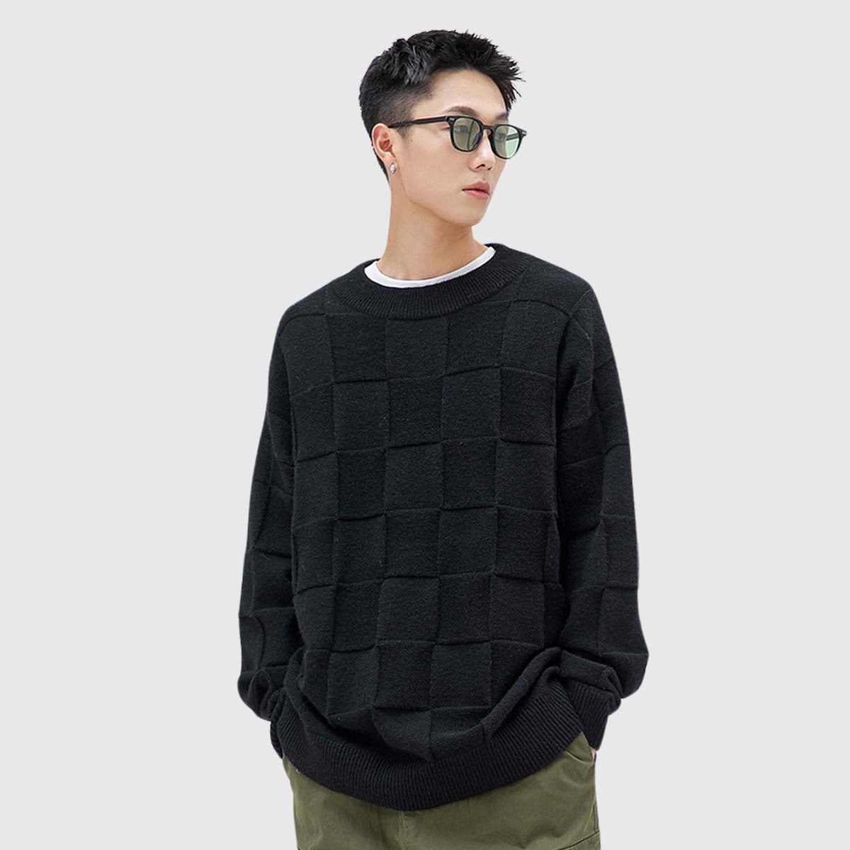 Winter Chessboard Grid Knit Sweater