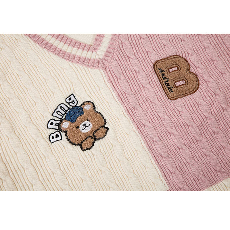 Bear Embroidered Plaid Vest Sweater