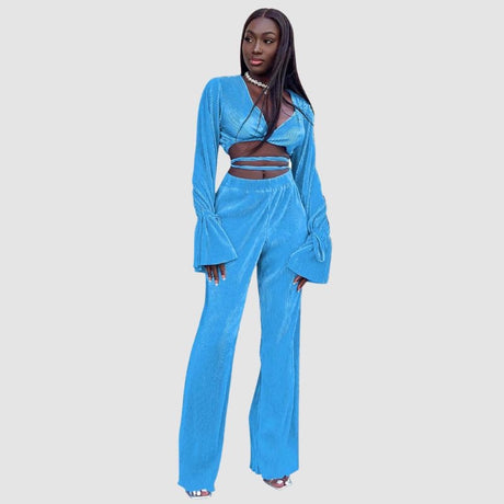 V-Neck Tie Up Top & Pleated Wide Leg Pant Set