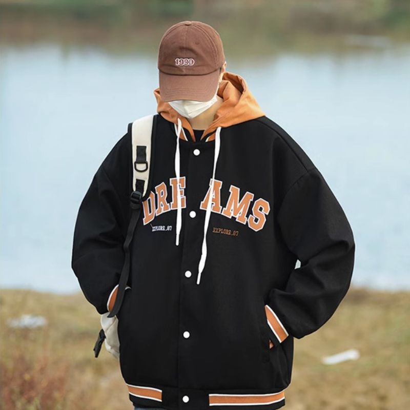 Faux Two-Piece Hooded Baseball Jacket