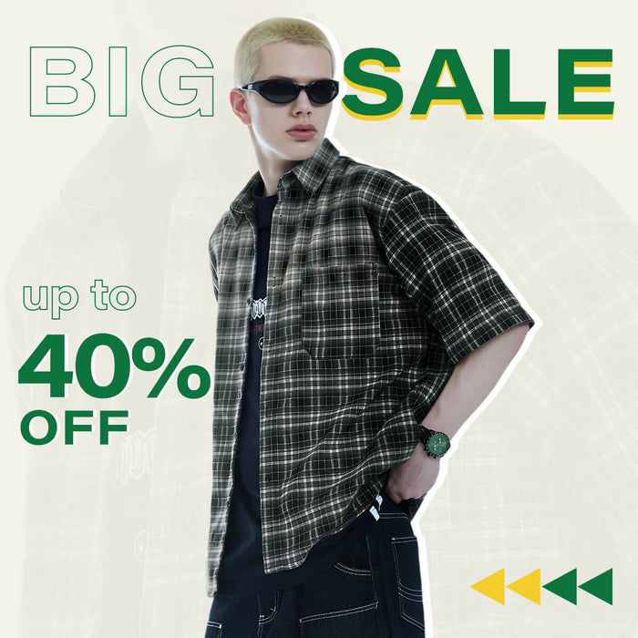 Big sale banner with a male model wearing a plaid shirt and sunglasses, advertising up to 40% off.