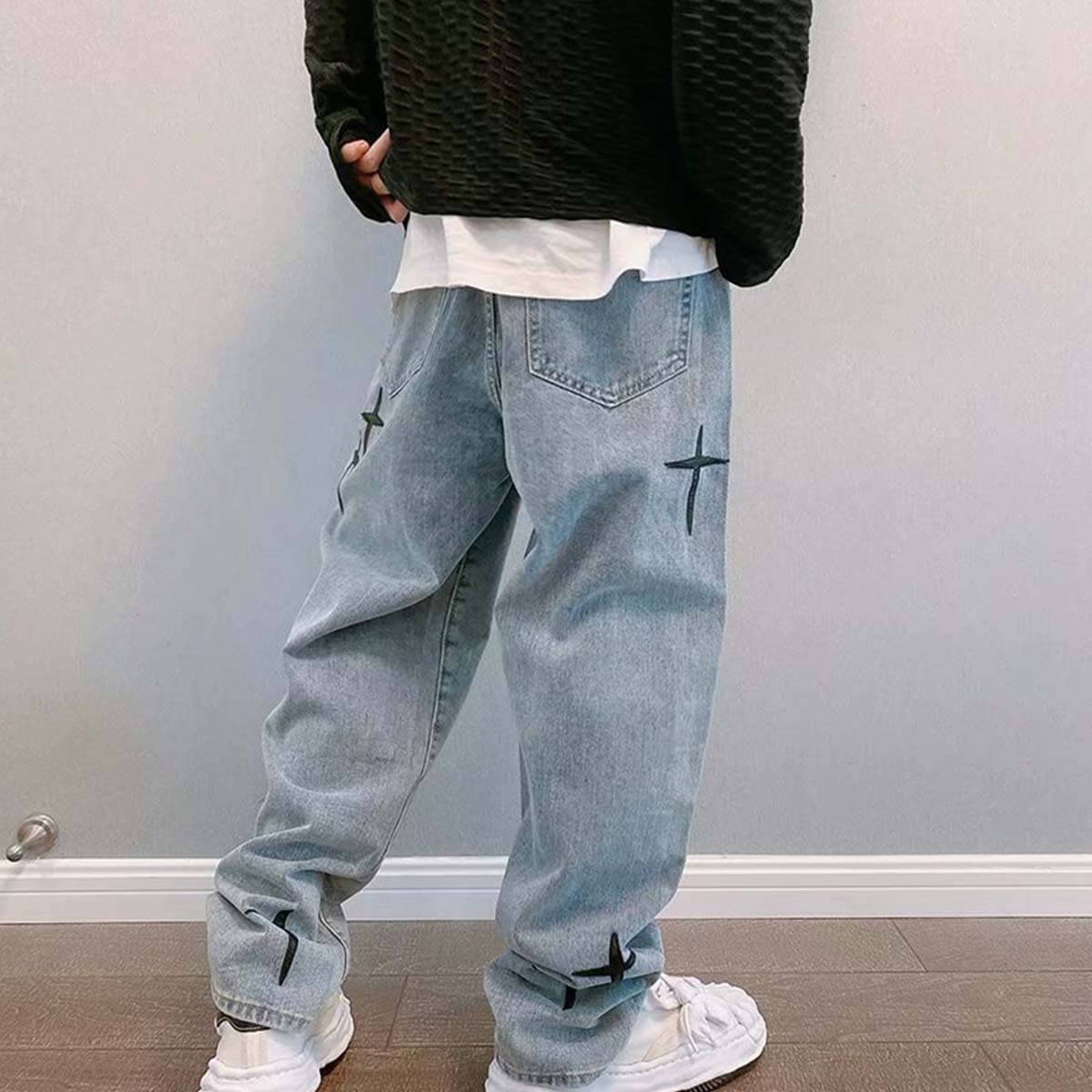 Cross Embroidered Denim Jeans