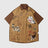 Front view of the brown unisex embroidered cat short sleeve shirt in brown