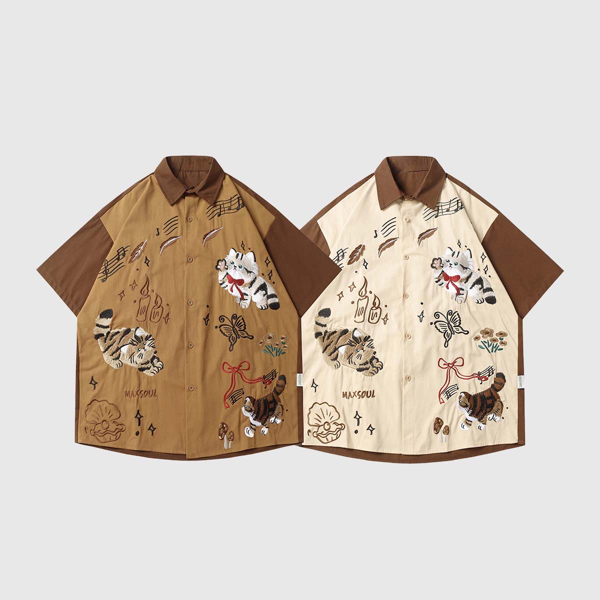 Two pieces  view of the brown unisex embroidered cat short sleeve shirt 