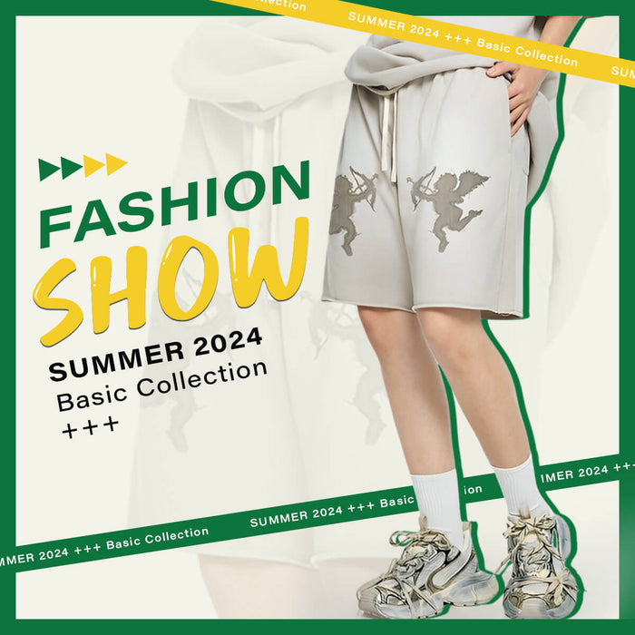 Fashion show banner for Summer 2024 Basic Collection featuring a model wearing grey shorts and sneakers.
