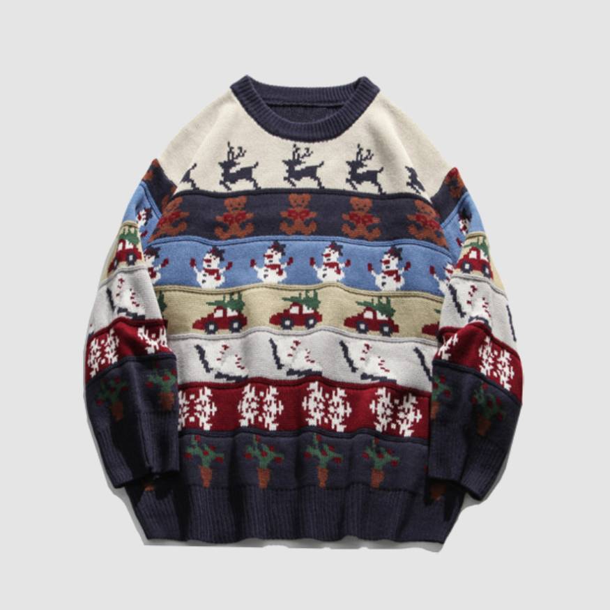 Vintage Color Block Snowman Pattern Knit Sweater