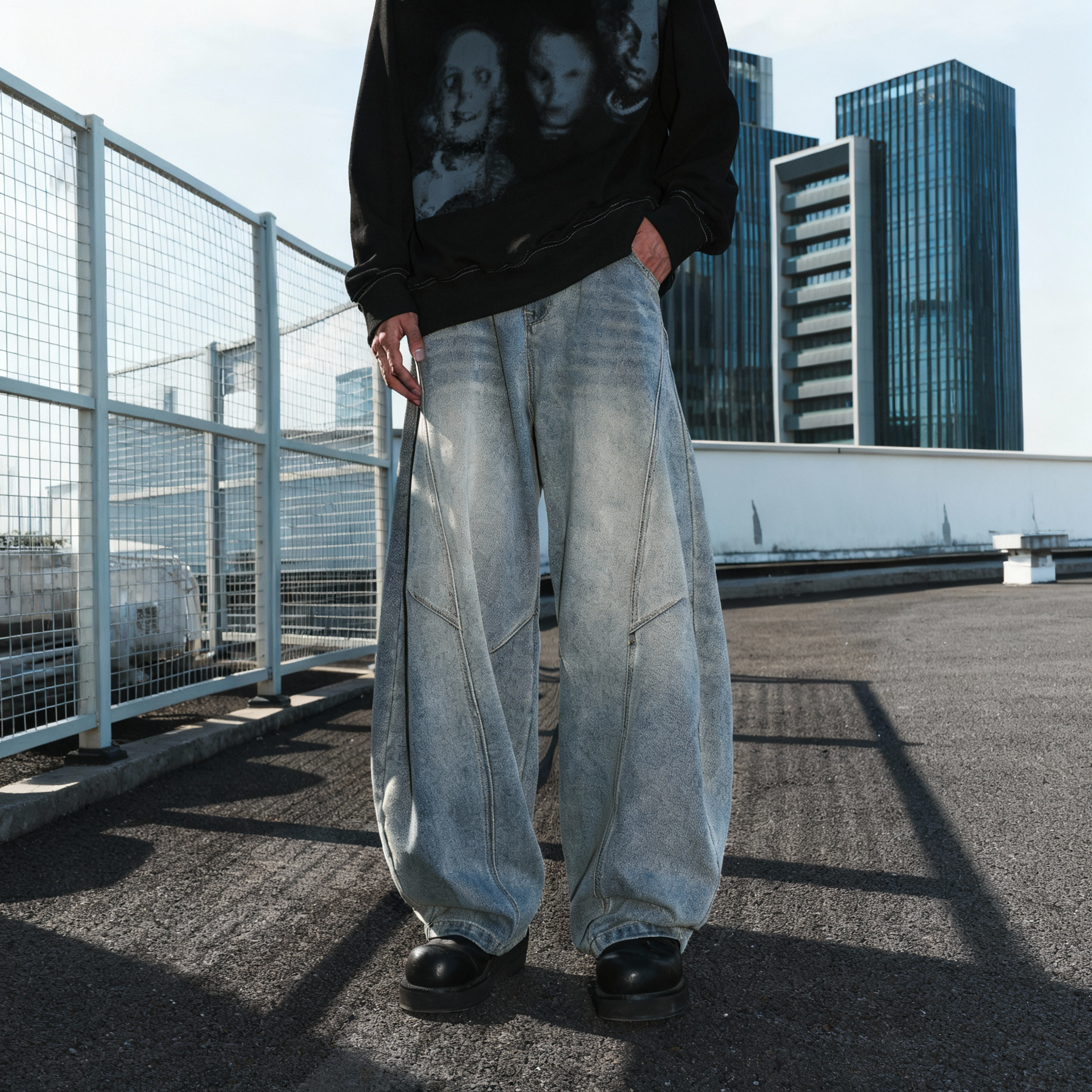 Vintage Washed Panel Baggy Jeans