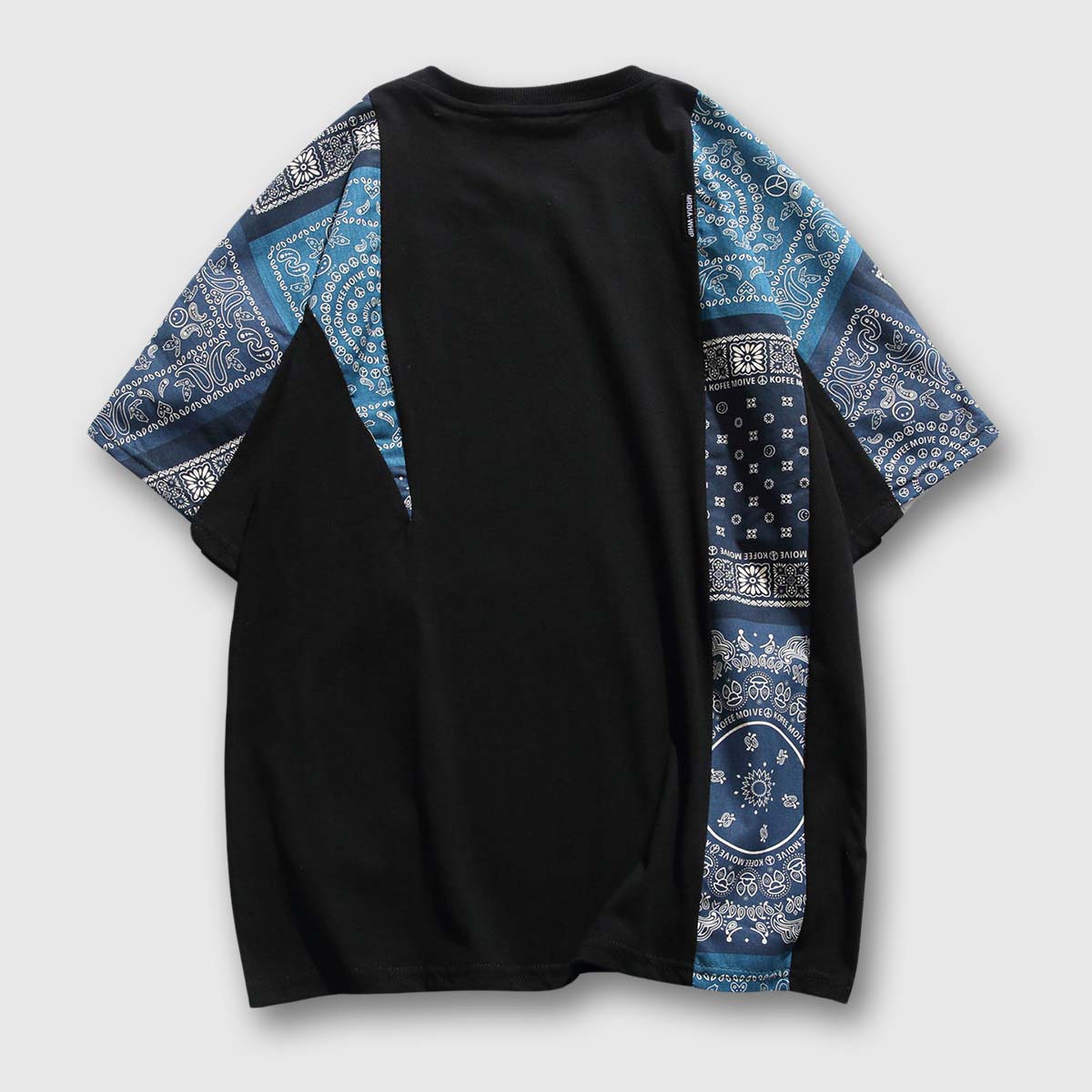 Back view of men's retro patchwork kimono style shirt with detailed patchwork in black