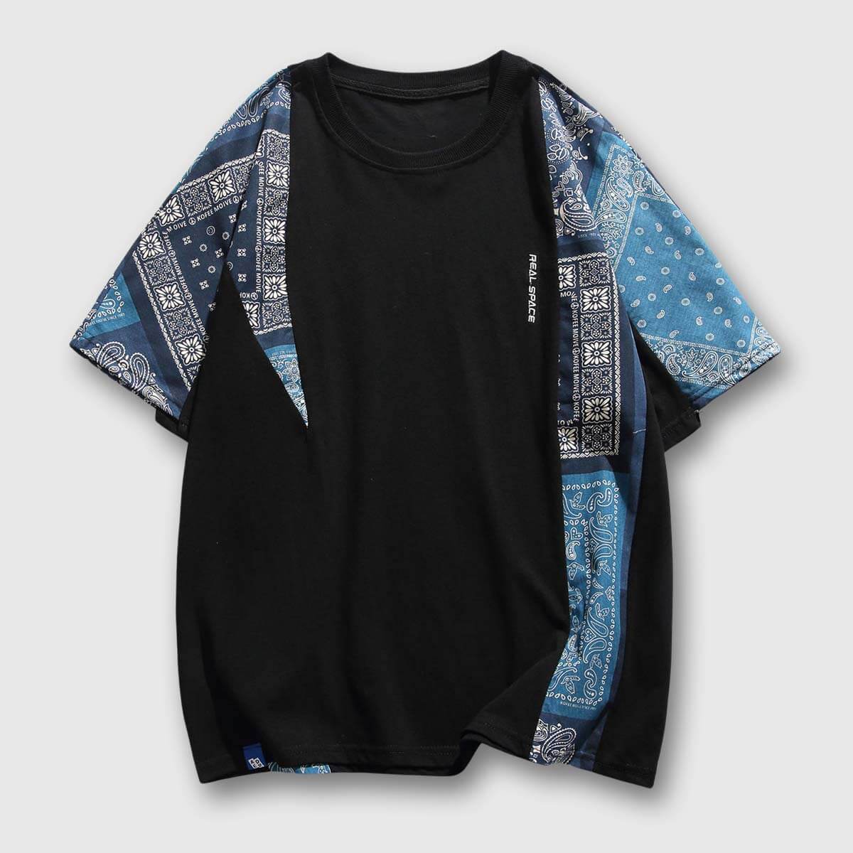 Front view of unisex's retro patchwork kimono style shirt in black