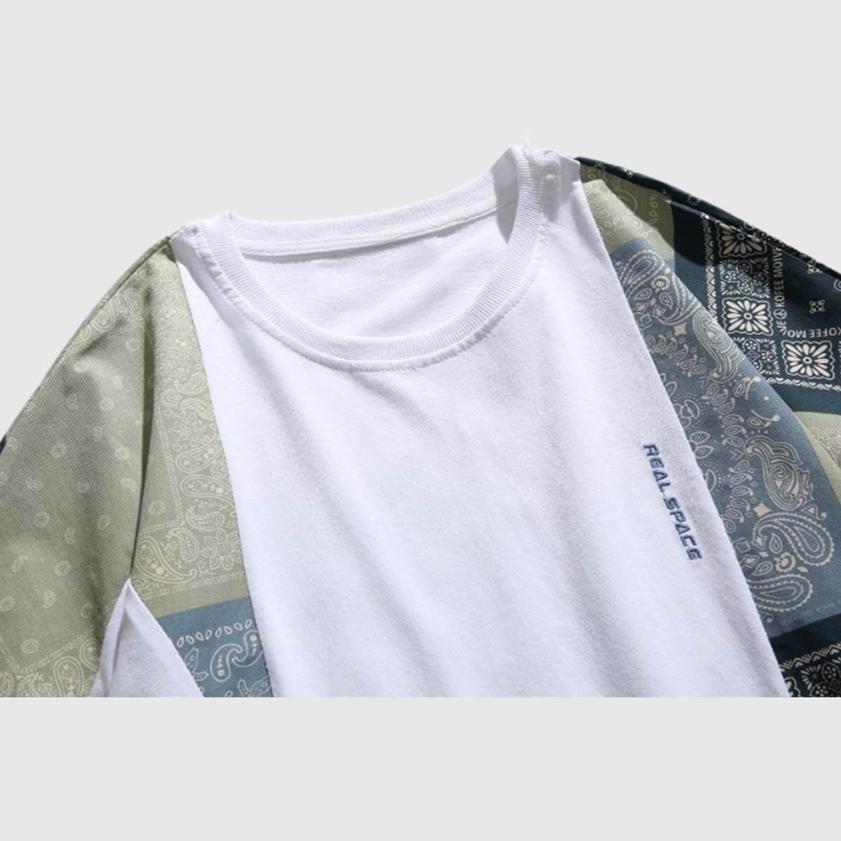 Close-up of the sleeve detail -view-1 on unisex's retro patchwork kimono style shirt